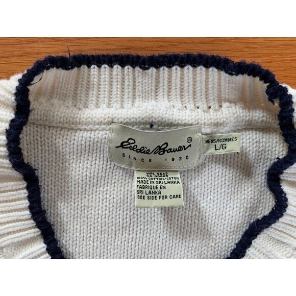 Vintage Eddie Bauer  100% Cotton VNeck Pullover Sweater Mens Large L Cream HEAVY - Picture 5 of 9